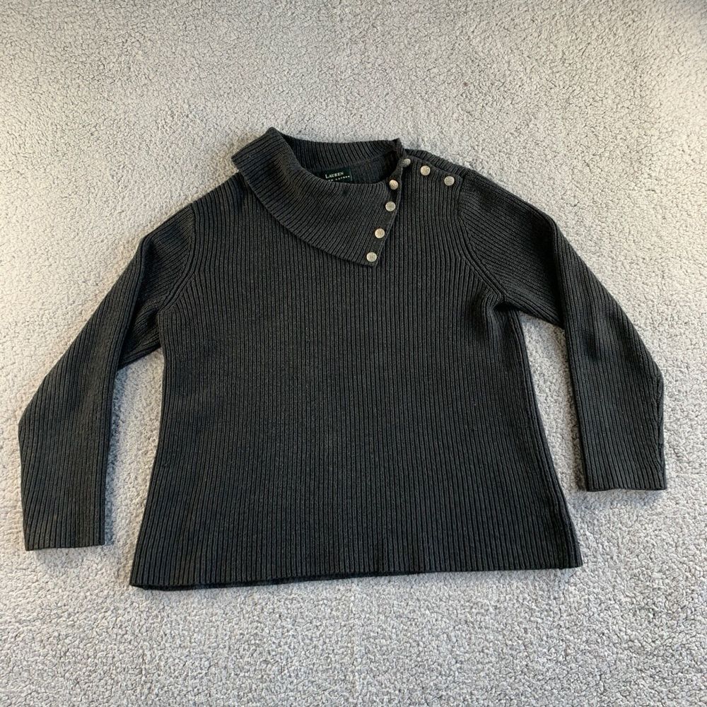 Vintage Lauren Ralph Lauren Sweater Womens Medium Gray Chunky Knit Shawl‎ Collar